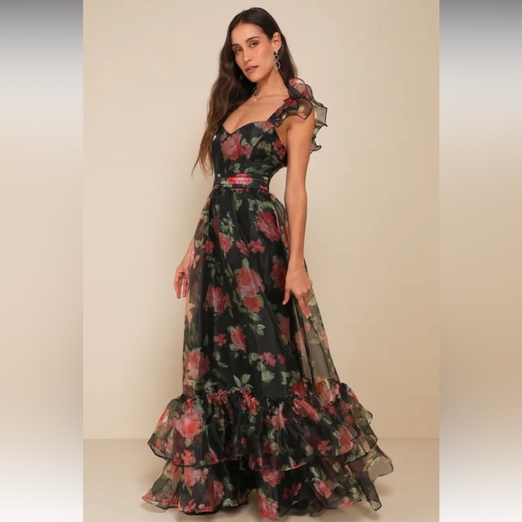 Lulus Befitting Glamour Black Floral Organza Ruffled Tiered Maxi Dress Sz Med - Picture 5 of 13